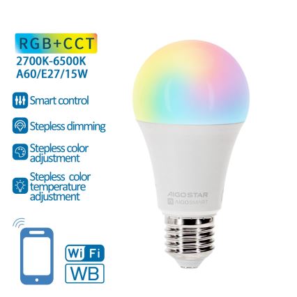 LED RGBW Hämardatav pirn A60 E27/15W/230V 2700-6500K Wi-Fi - Aigostar