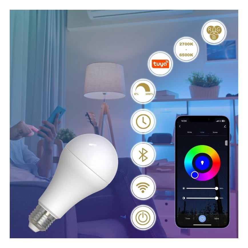 LED RGBW Hämardatav pirn A60 E27/15W/230V 2700-6500K Wi-Fi Tuya