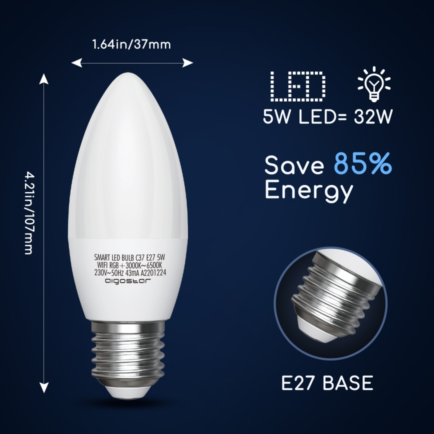 LED RGBW Hämardatav pirn C37 E27/5W/230V 3000-6500K Wi-Fi - Aigostar