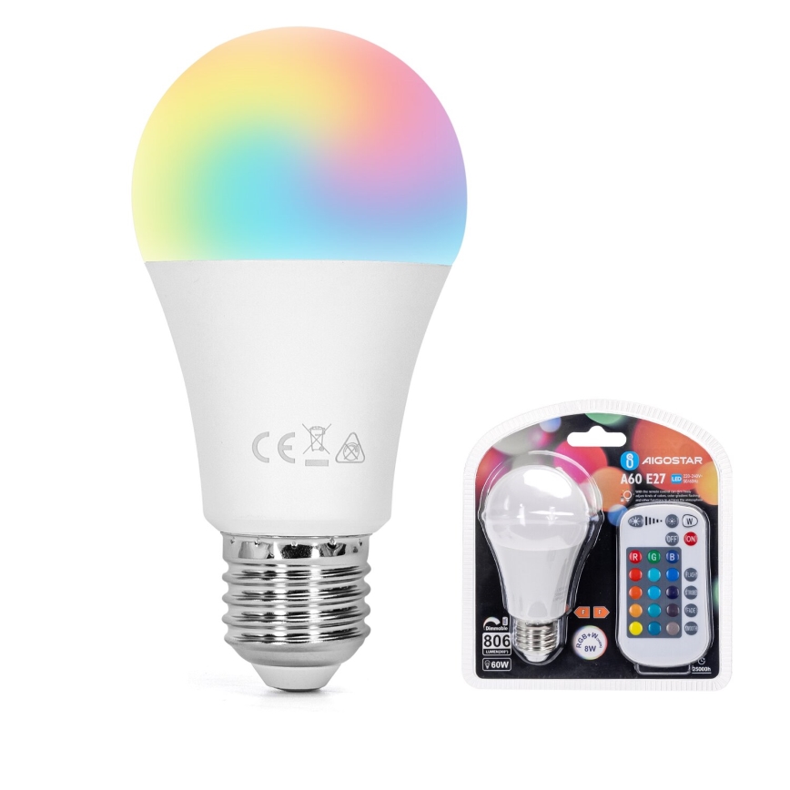 LED RGBW Hämardatav pirn E27/8W/230V 3000K + kaugjuhtimispult - Aigostar