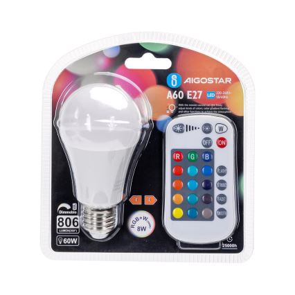 LED RGBW Hämardatav pirn E27/8W/230V 3000K + kaugjuhtimispult - Aigostar