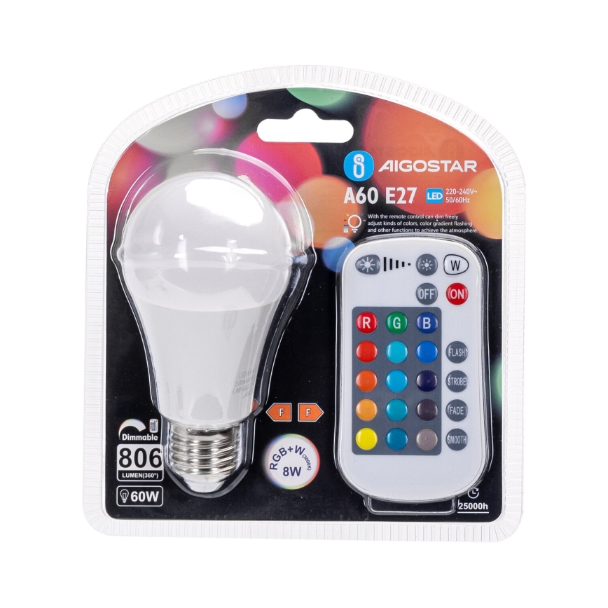 LED RGBW Hämardatav pirn E27/8W/230V 3000K + kaugjuhtimispult - Aigostar