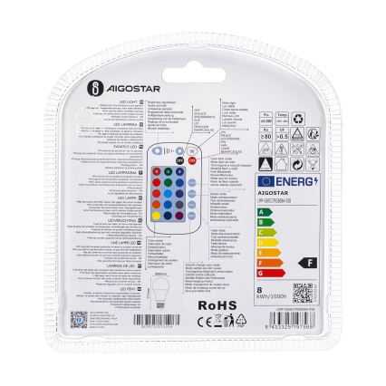 LED RGBW Hämardatav pirn E27/8W/230V 3000K + kaugjuhtimispult - Aigostar