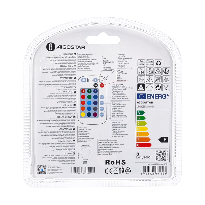 LED RGBW Hämardatav pirn E27/8W/230V 3000K + kaugjuhtimispult - Aigostar