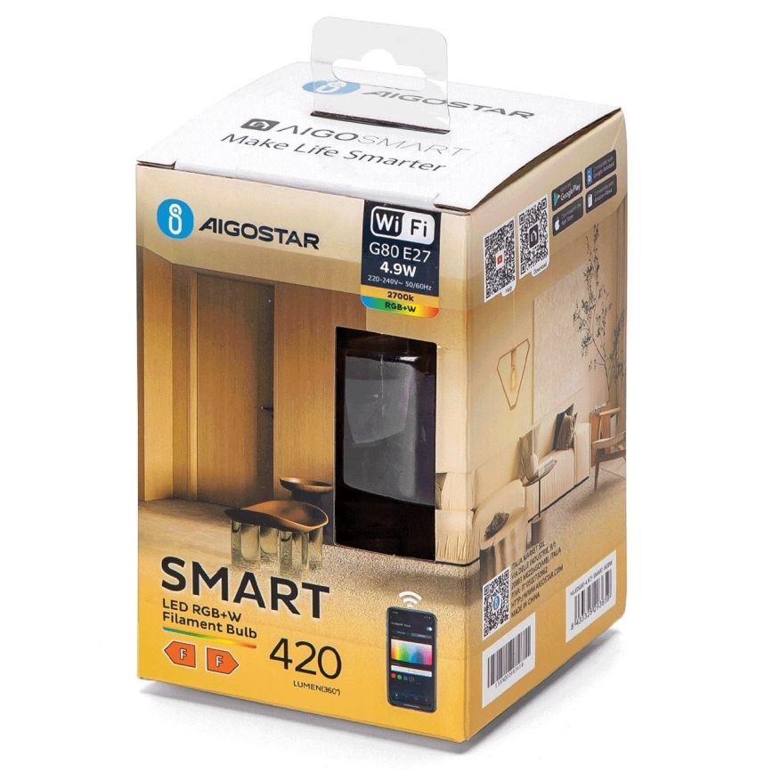 LED RGBW Hämardatav pirn FILAMENT G80 E27/4,9W/230V 2700K Wi-Fi - Aigostar