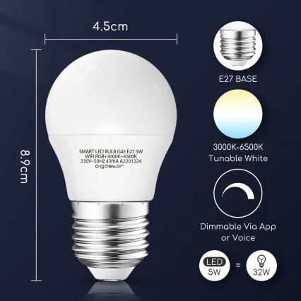 LED RGBW Hämardatav pirn G45 E27/5W/230V 3000-6500K Wi-Fi - Aigostar