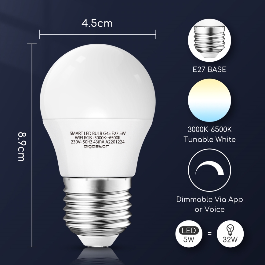 LED RGBW Hämardatav pirn G45 E27/5W/230V 3000-6500K Wi-Fi - Aigostar