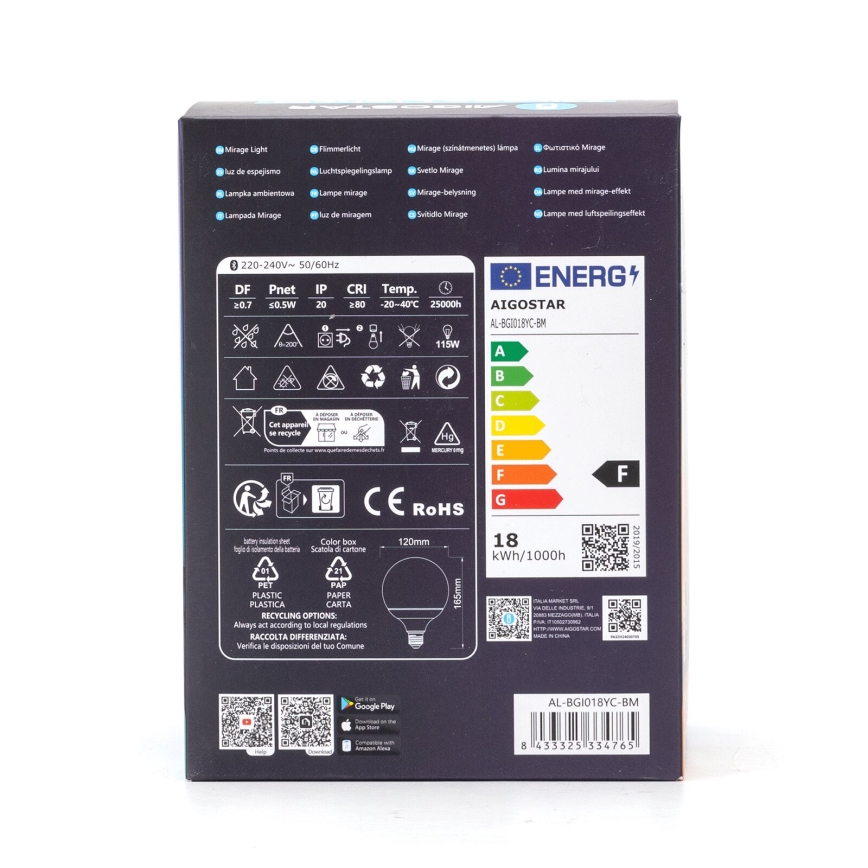 LED RGBW Hämardatav pirn MESH G120 E27/18W/230V 6500K + kaugjuhtimispult - Aigostar