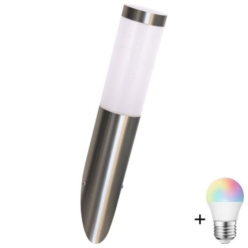 LED RGBW hämardatav seinale paigaldatav välisvalgusti LIVIA 1xE27/6,5W/230V 2700-6500K Wi-Fi IP44 hõbedane