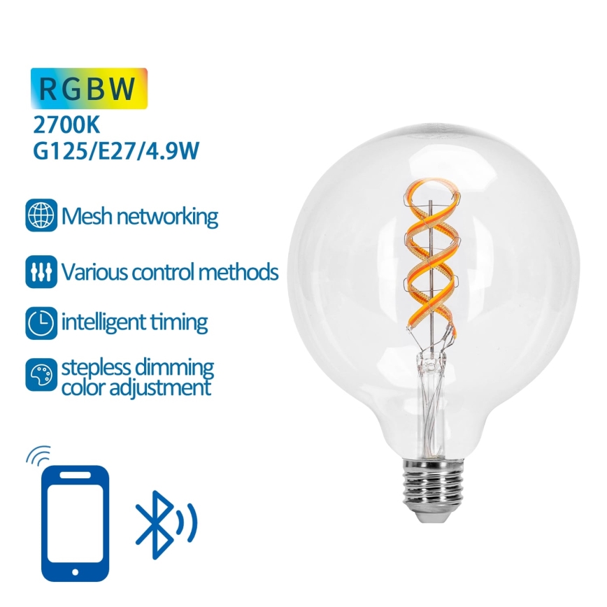 LED RGBW Hämardatav pirn FILAMENT MESH Nutikas G125 E27/4,9W/230V 2700K - Aigostar