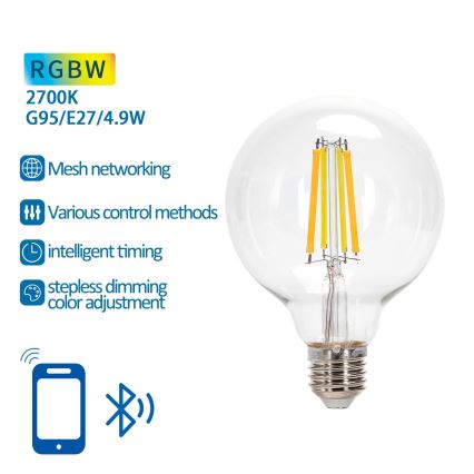 LED RGBW Hämardatav pirn FILAMENT MESH Nutikas G95 E27/4,9W/230V 2700K - Aigostar