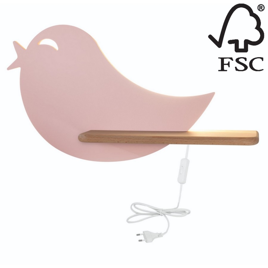 LED Seinalamp lastele koos riiuliga BIRD LED/5W/230V roosa/puit