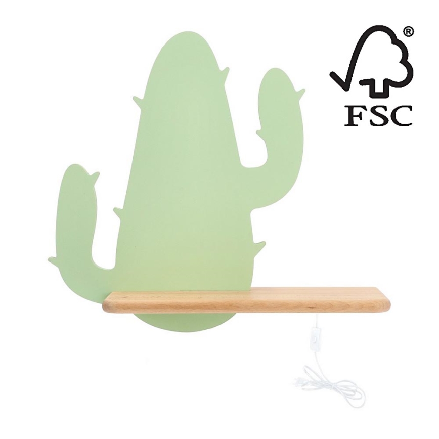 LED Seinalamp lastele koos riiuliga CACTUS LED/4W/230V roheline/puit