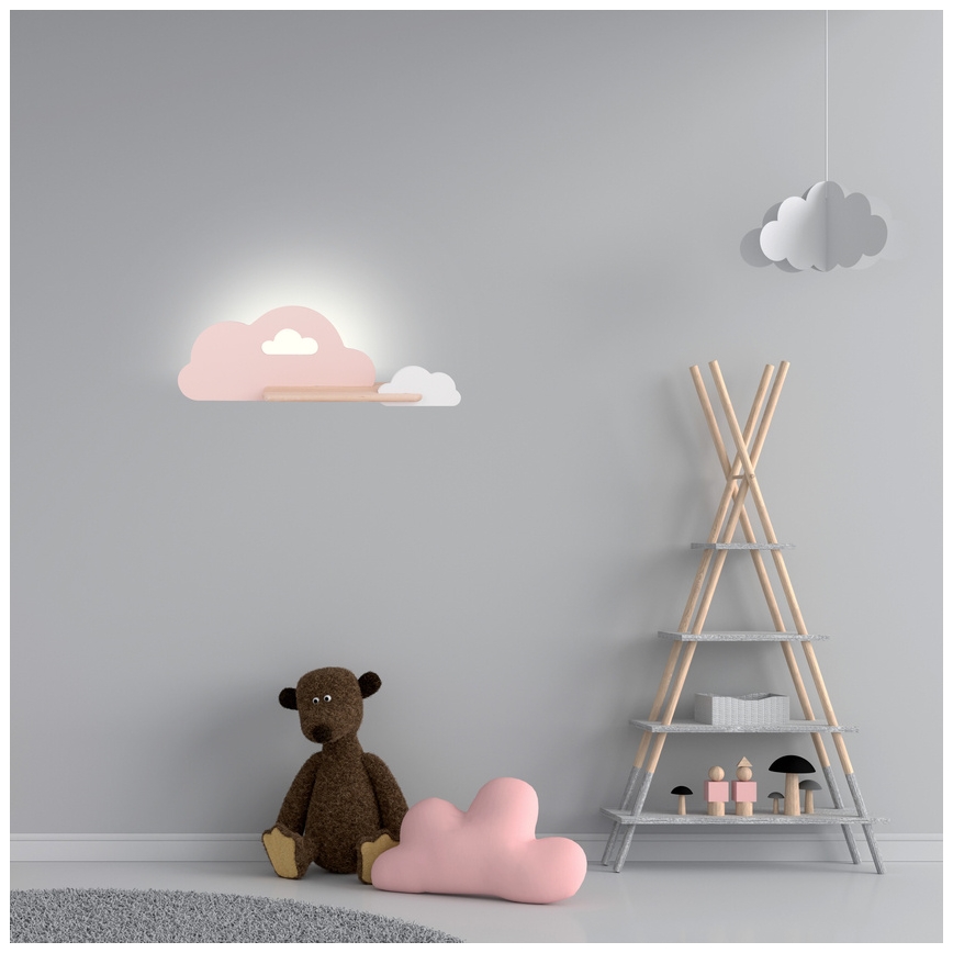 LED Seinalamp lastele koos riiuliga CLOUD LED/5W/230V roosa/valge