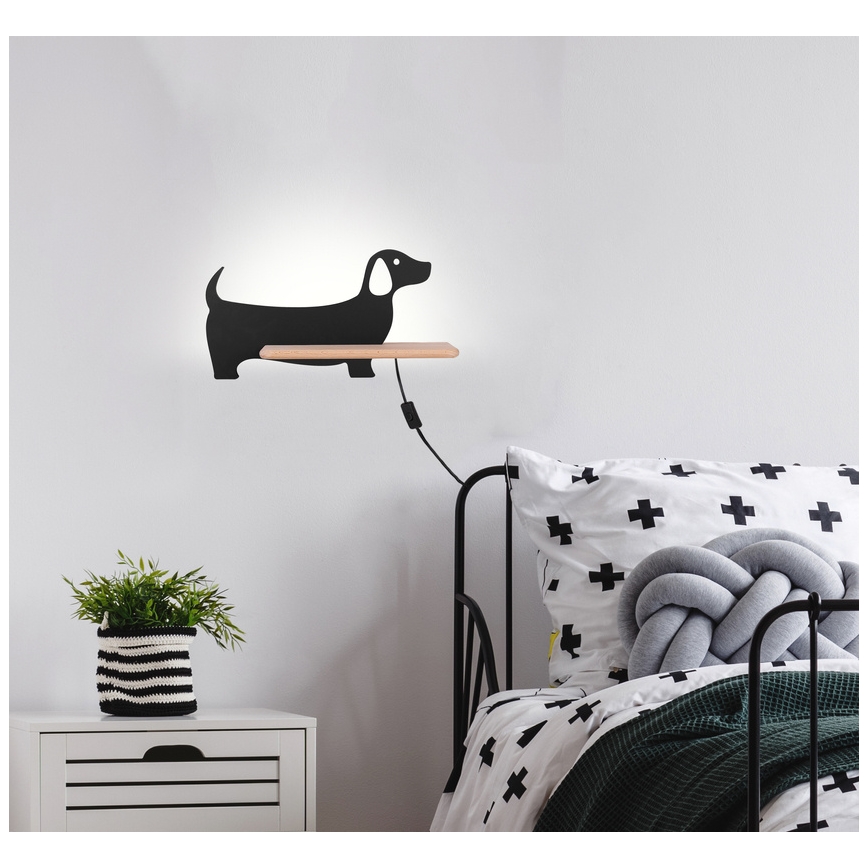 LED Seinalamp lastele koos riiuliga DOG LED/5W/230V must/puit