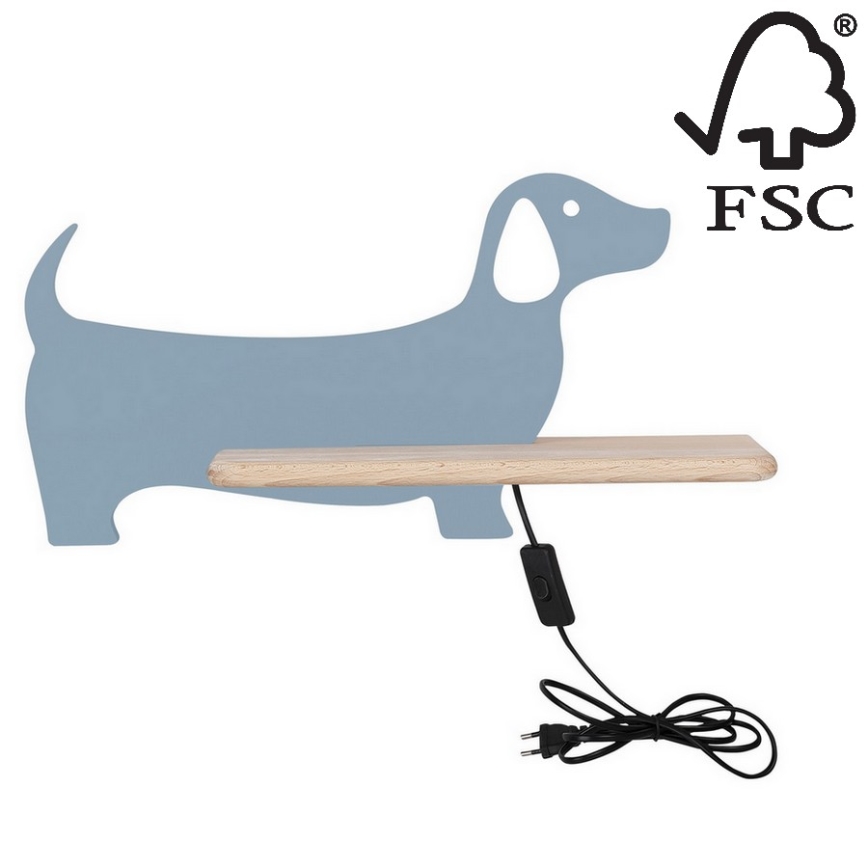 LED Seinalamp lastele koos riiuliga DOG LED/5W/230V sinine/puit