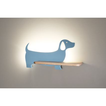 LED Seinalamp lastele koos riiuliga DOG LED/5W/230V sinine/puit
