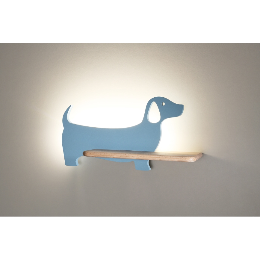 LED Seinalamp lastele koos riiuliga DOG LED/5W/230V sinine/puit