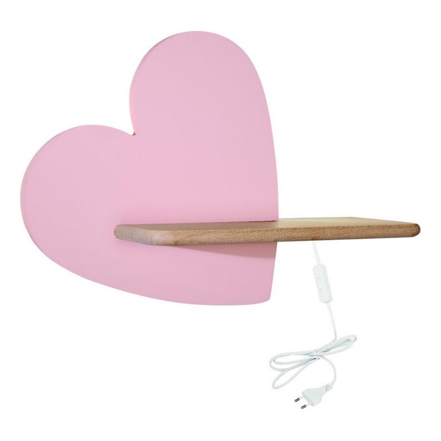 LED Seinalamp lastele koos riiuliga HEART LED/5W/230V roosa/puit