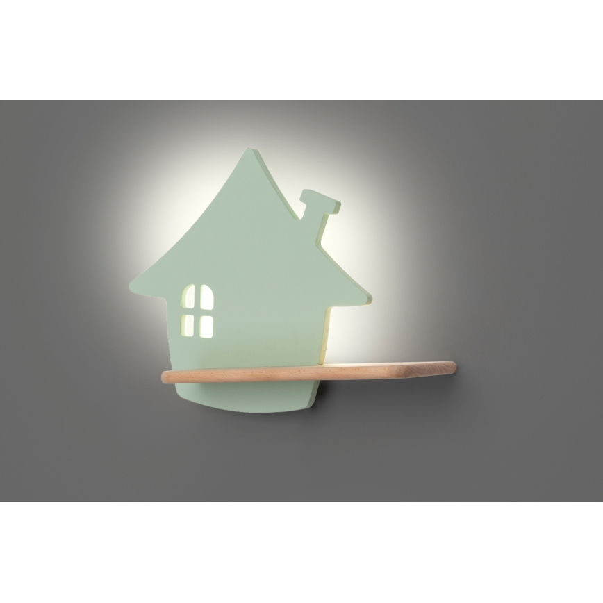 LED Seinalamp lastele koos riiuliga HOUSE LED/4W/230V roheline/puit