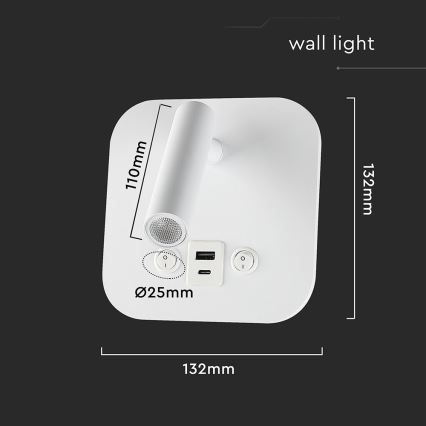 LED seinale paigaldatav punktvalgusti USB-pordiga LED/8W/230V 3000K valge