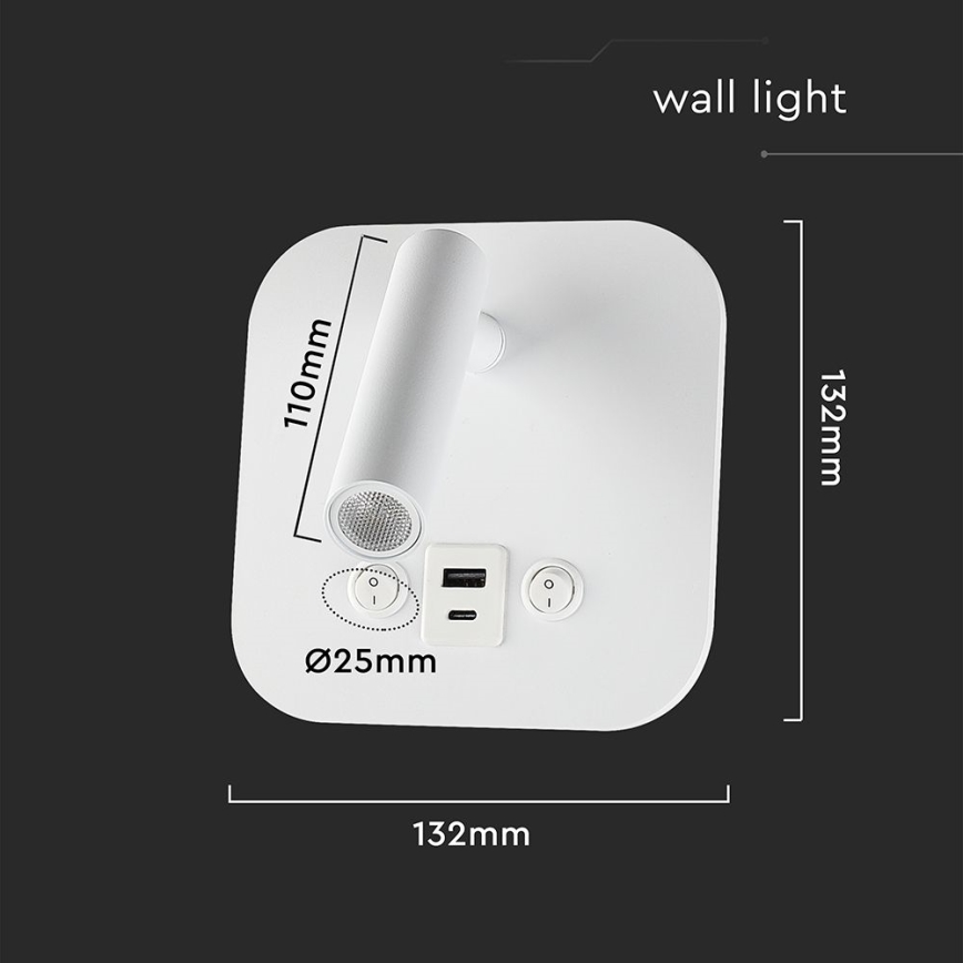 LED seinale paigaldatav punktvalgusti USB-pordiga LED/8W/230V 3000K valge
