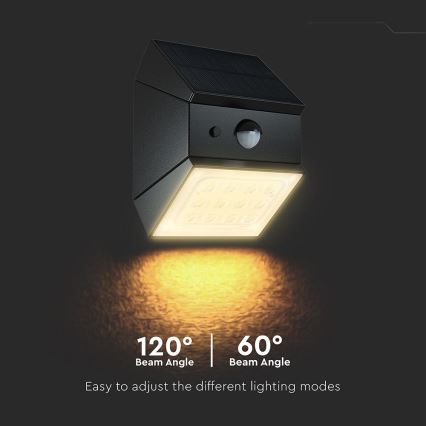 LED-seinavalgusti päikesepaneeliga ja anduriga LED/2,5W/3,7V 3000/4000/6000K IP65 1200 mAh must