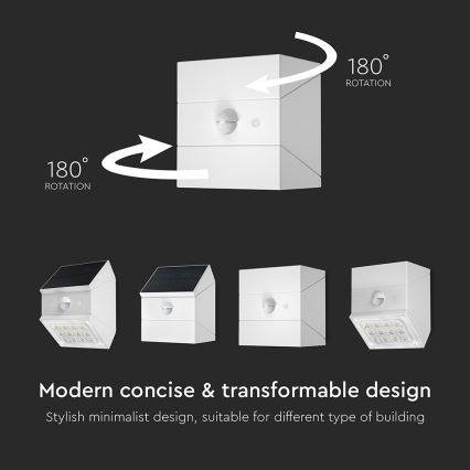 Seinale paigaldatav päikesepaneeliga LED-valgusti anduriga LED/2,5W/3,7V 3000/4000/6000K IP65 1200 mAh valge