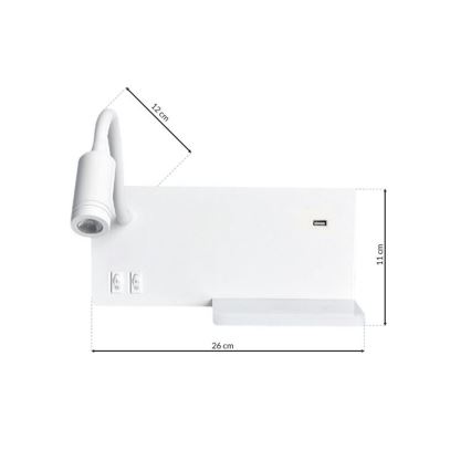 LED Seinavalgusti SHELF 1xLED/4W+1xLED/5W+1xLED/2W/230V + USB pesa valge