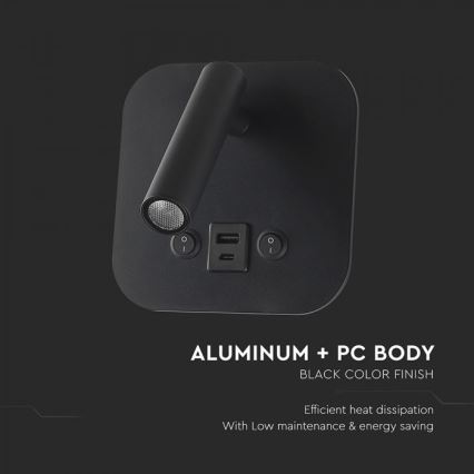 LED seinavalgusti USB-pordiga LED/8W/230V 3000K must
