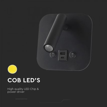 LED seinavalgusti USB-pordiga LED/8W/230V 3000K must