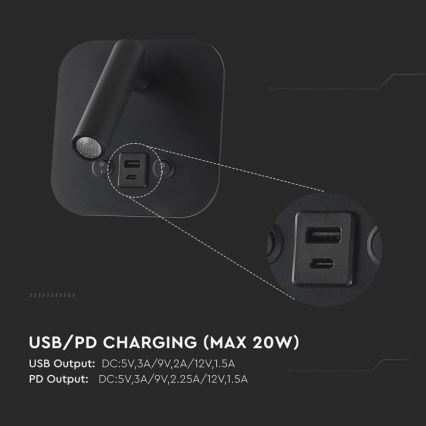 LED seinavalgusti USB-pordiga LED/8W/230V 3000K must
