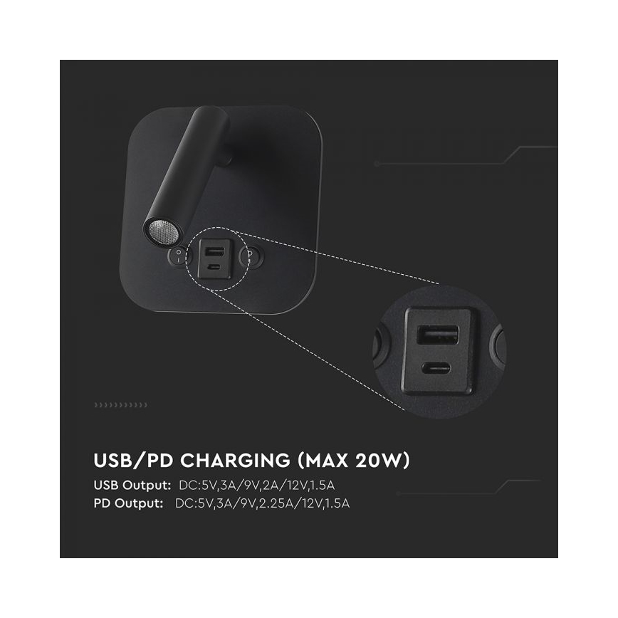 LED seinavalgusti USB-pordiga LED/8W/230V 3000K must