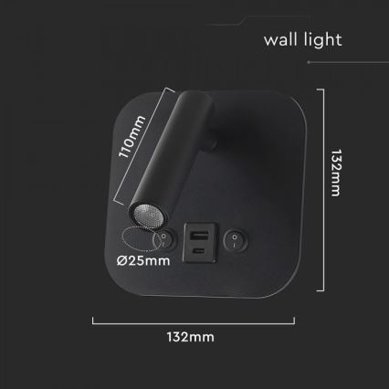 LED seinavalgusti USB-pordiga LED/8W/230V 3000K must
