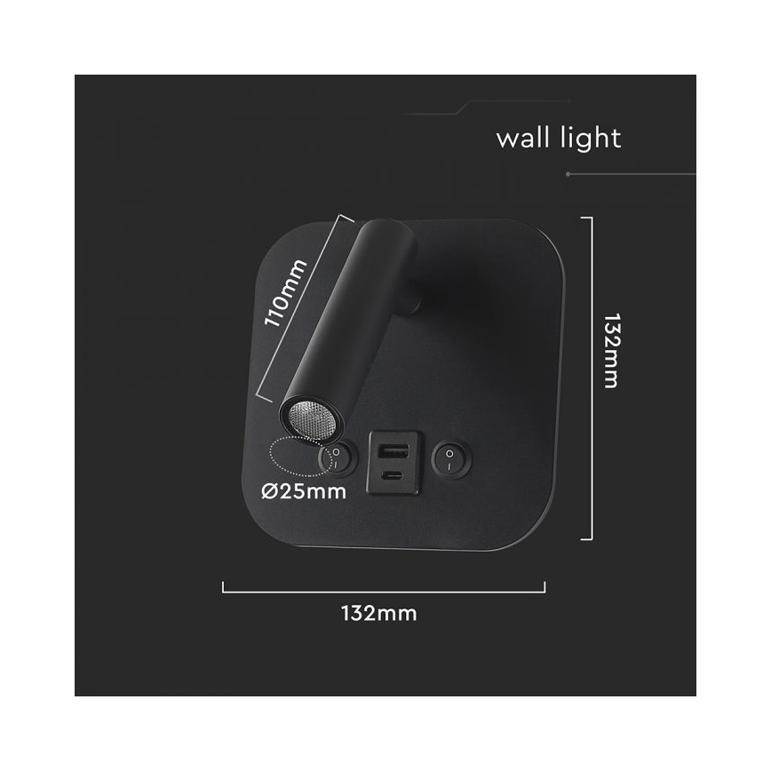 LED seinavalgusti USB-pordiga LED/8W/230V 3000K must