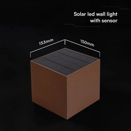 LED päikesepaneeliga seinavalgusti anduriga, 9W/3,7V, 3000/4000/5000K, IP65, 2600 mAh, pruun