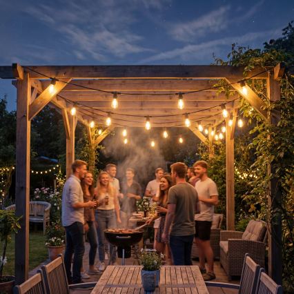 LED hämardatav päikesetoitega dekoratiivne valguskett 20xE27/0,3W/3/5V USB 2400 mAh 20,62 m IP65 must + kaugjuhtimispult