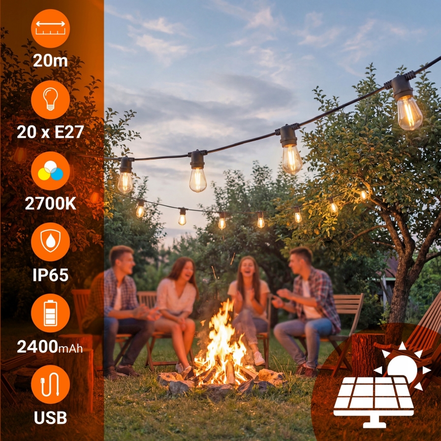 LED hämardatav päikesetoitega dekoratiivne valguskett 20xE27/0,3W/3/5V USB 2400 mAh 20,62 m IP65 must + kaugjuhtimispult