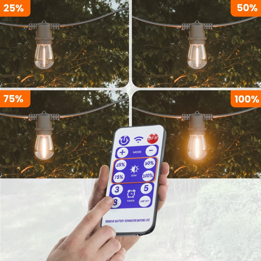 LED hämardatav päikesetoitega dekoratiivne valguskett 20xE27/0,3W/3/5V USB 2400 mAh 20,62 m IP65 must + kaugjuhtimispult