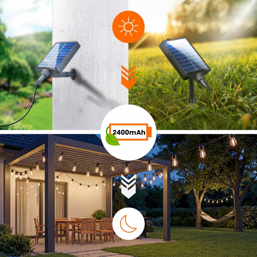 LED hämardatav päikesetoitega dekoratiivne valguskett 20xE27/0,3W/3/5V USB 2400 mAh 20,62 m IP65 must + kaugjuhtimispult