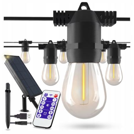 LED hämardatav päikesetoitega dekoratiivne valguskett 20xE27/0,3W/3/5V USB 2400 mAh 20,62 m IP65 must + kaugjuhtimispult