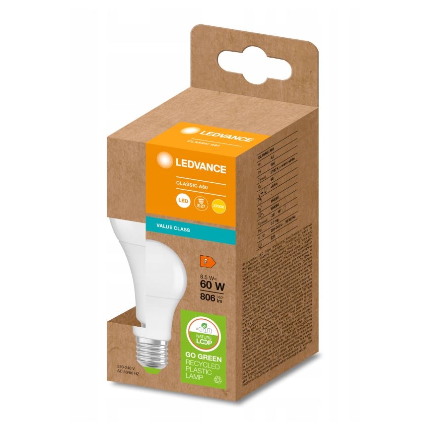 LED Taaskasutatud plastist pirn A60 E27/8,5W/230V 2700K - Ledvance