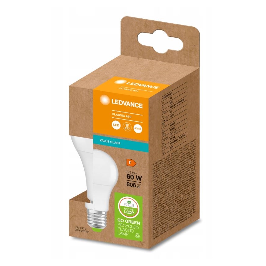 LED Taaskasutatud plastist pirn A60 E27/8,5W/230V 4000K - Ledvance