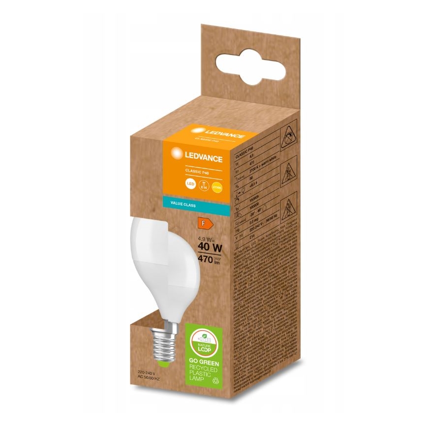 LED Taaskasutatud plastist pirn P45 E14/4,9W/230V 2700K - Ledvance