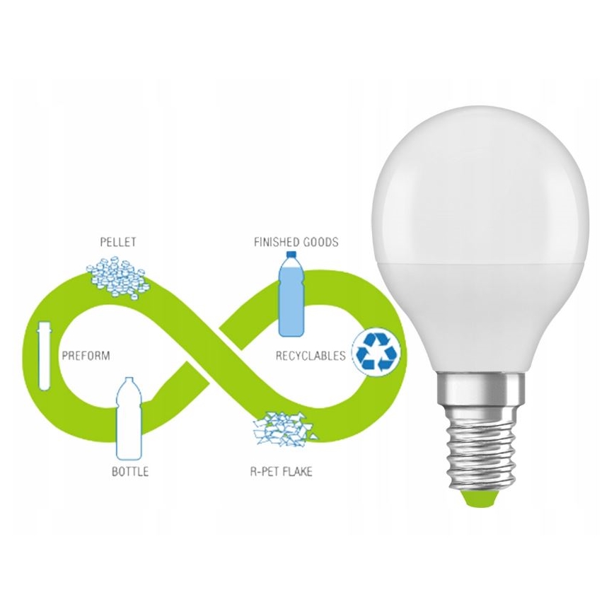 LED Taaskasutatud plastist pirn P45 E14/4,9W/230V 4000K - Ledvance