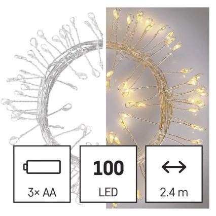 LED-valguskett, 100 LED, 2,7 m, soe valge, patareitoitega (3xAA)