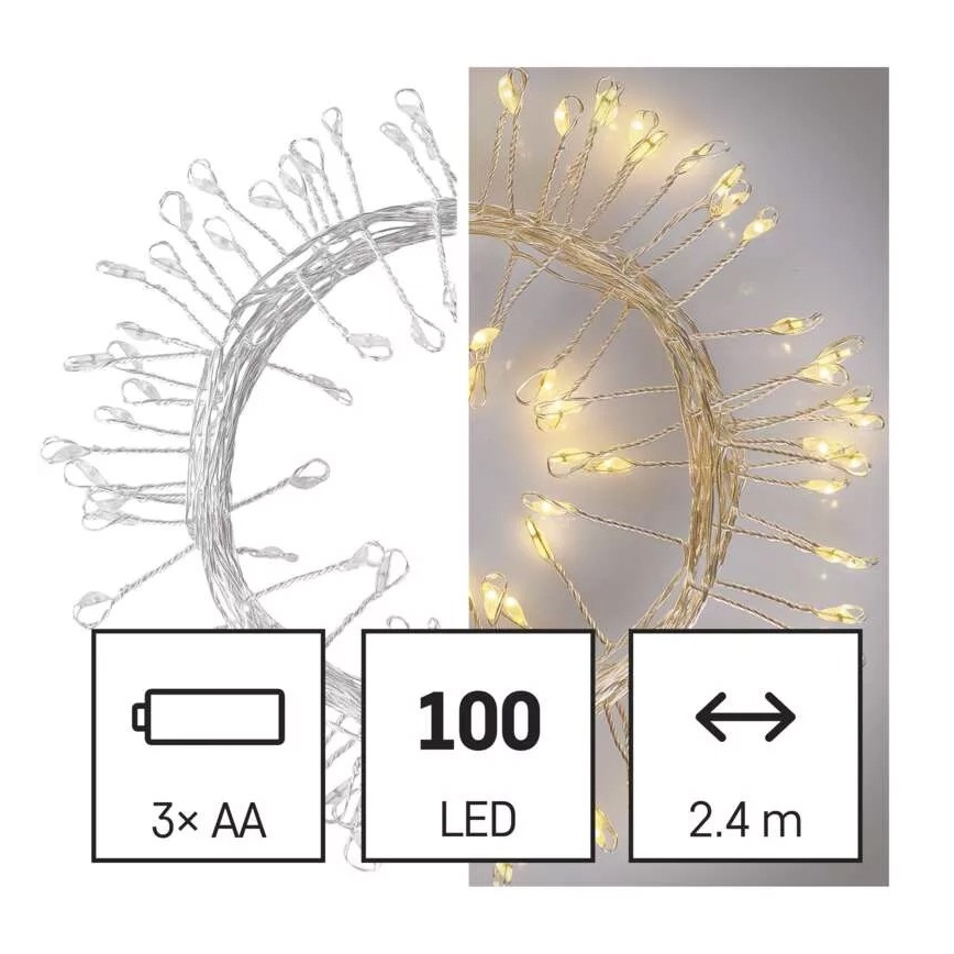 LED-valguskett, 100 LED, 2,7 m, soe valge, patareitoitega (3xAA)
