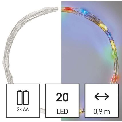 LED-valguskett, 20 LED, 2,4 m, patareitoitega (2×AA), mitmevärviline