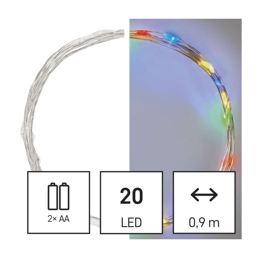 LED-valguskett, 20 LED, 2,4 m, patareitoitega (2×AA), mitmevärviline