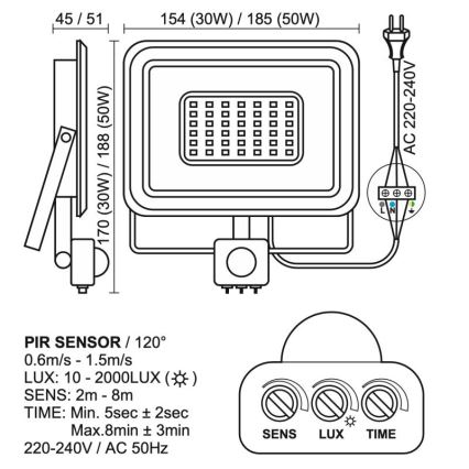 LED Väliprožektor anduriga LED/50W/230V 4000K IP44 must